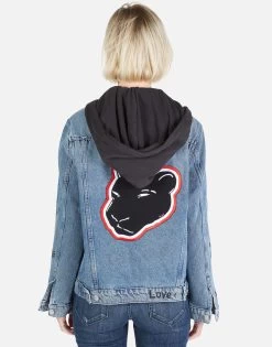 Stevie Varsity Panther 22 Stevie Varsity Panther -dress and personal adornment Lauren Moshi Varsity Panther Denim Jacket w Hood 1332 DNM 32906P11 VBLONX 03