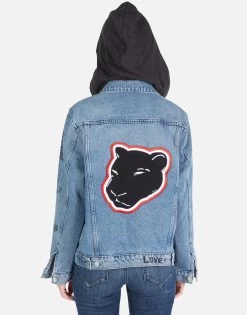 Stevie Varsity Panther 23 Stevie Varsity Panther -dress and personal adornment Lauren Moshi Varsity Panther Denim Jacket w Hood 1332 DNM 32906P11 VBLONX 05