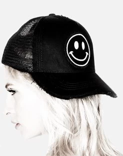 Jilly Happy Patch -dress and personal adornment lauren moshi happy face trucker hat 9030 CNV 1P1 BBLK 02