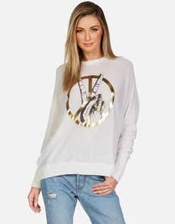 Ladona Peace Sign Hand -dress and personal adornment lauren moshi peace sign hand cashmere sweater 1209 CSM 13299 CRME 05