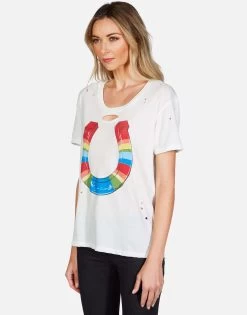 Myra Rainbow Horseshoe -dress and personal adornment lauren moshi rainbow horseshoe distressed tee 2284 VCTH 13148 MILK 03